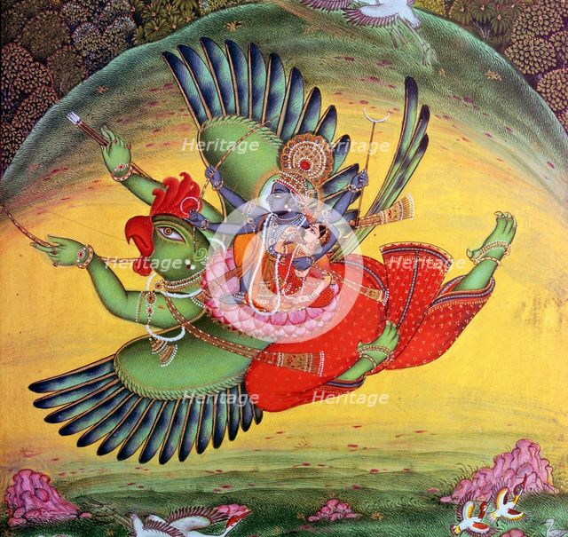 Painting of Vishnu and his consort Lakshmi riding on the bird-god Garuda. Artist: Unknown