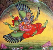 Painting of Vishnu and his consort Lakshmi riding on the bird-god Garuda