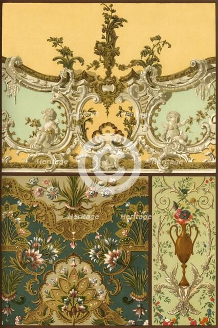 Painting, leather tapestry, stucco ornaments, France and Germany, 17th and 18th centuries, (1898). Creator: Unknown.