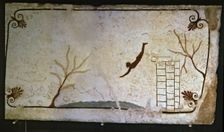 Painting showing a man jumping off a springboard at the Tomb of Jumper, Greek painting italic-inf…