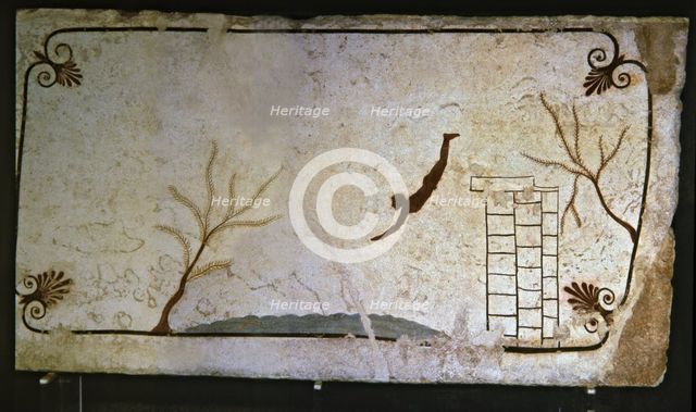 Painting showing a man jumping off a springboard at the Tomb of Jumper, Greek painting italic-inf…
