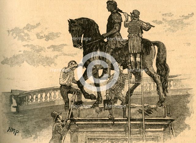 Painting the statue of King William III black, Dublin, Ireland, 1821 (c1890). Creator: Unknown.