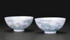 Pair of Teabowls with Bamboo, Qing dynasty, Yongzheng reign mark and period (1723-1735). Creator: Unknown