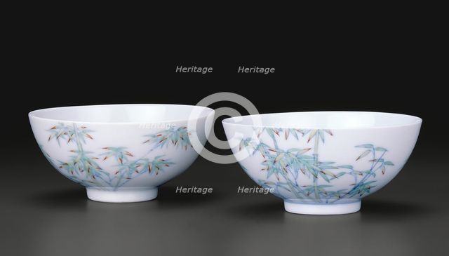 Pair of Teabowls with Bamboo, Qing dynasty, Yongzheng reign mark and period (1723-1735). Creator: Unknown.