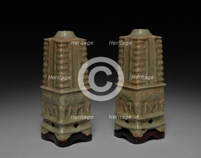 Pair of Vases in Shape of Cong: Southern Celadon Ware, 1271-1368. Creator: Unknown.
