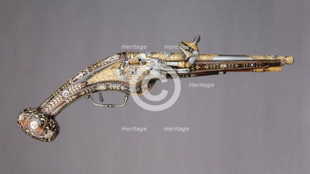 Pair of Wheellock Pistols with Matching Priming Flask/Spanner, French, ca. 1570-80. Creator: Etienne Delaune.