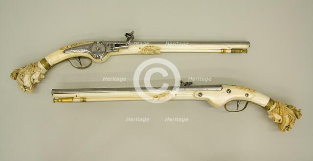 Pair of Wheellock Pistols, Dutch, Maastricht, ca. 1655-65. Creator: Unknown.