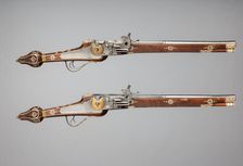 Pair of Wheellock Pistols Made for the Bodyguard of the Prince-Elector of Saxony, German, c1610. Creators: Simon Helbig, Hans Fleischer