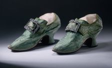 Pair of woman's silk damask shoes with buckles, between 1740 and 1750. Creator: Unknown