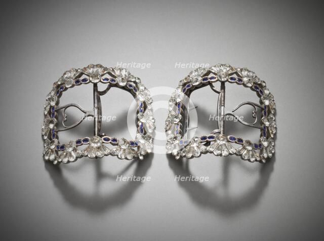 Pair of woman’s shoe buckles,  with paste stones, England, c.1780-1785. Creator: Unknown.