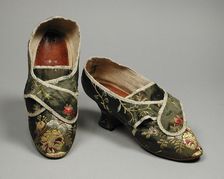 Pair of woman’s shoes with straps for shoe buckles, England, c.1770. Creator: Unknown