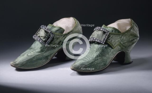 Pair of woman's silk damask shoes with buckles, between 1740 and 1750. Creator: Unknown.