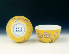 Pair of yellow ground famille rose cups, Late Qing dynasty, 19th-early 20th century