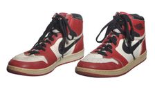 Pair of Air Jordan I shoes game-worn and autographed by Michael Jordan, 1984-1985. Creator: Nike