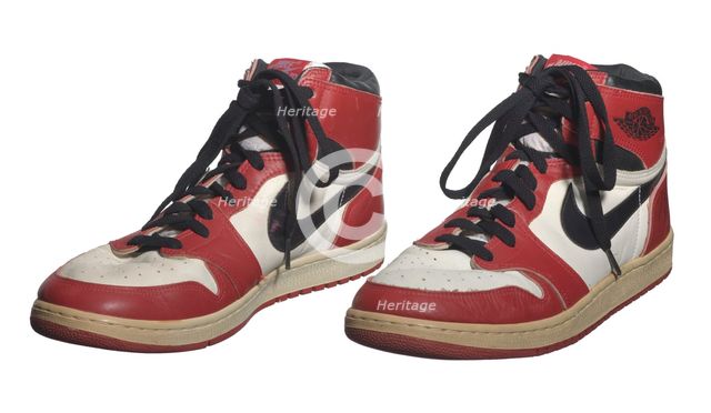 Pair of Air Jordan I shoes game-worn and autographed by Michael Jordan, 1984-1985. Creator: Nike.