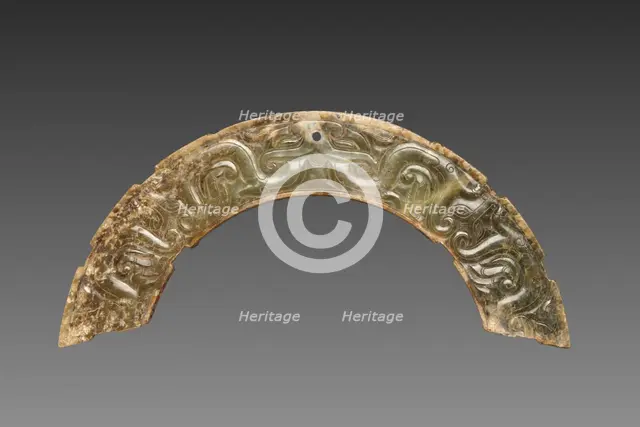 Pair of Arc-shaped Pendants with Animal Mask and Interlaced Animal Bands (Huang), 300-100 BC. Creator: Unknown.