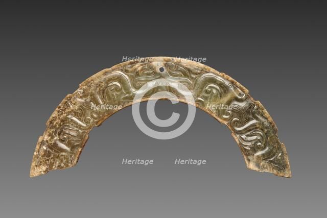 Pair of Arc-shaped Pendants with Animal Mask and Interlaced Animal Bands (Huang), 300-100 BC. Creator: Unknown.