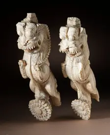 Pair of Architectural Brackets in the Form of Rampant Leonine Creatures (yali..., 17th century. Creator: Unknown