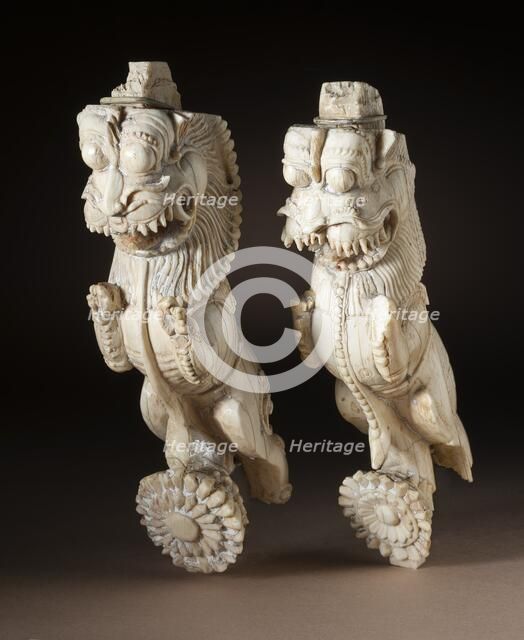 Pair of Architectural Brackets in the Form of Rampant Leonine Creatures (yali..., 17th century. Creator: Unknown.