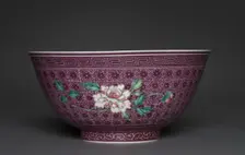 Pair of Bowls with Peony Sprays on Diaper Ground (exterior); Chrysanthemum Sprays (int), 1736-1795. Creator: Unknown