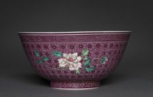 Pair of Bowls with Peony Sprays on Diaper Ground (exterior); Chrysanthemum Sprays (int), 1736-1795. Creator: Unknown
