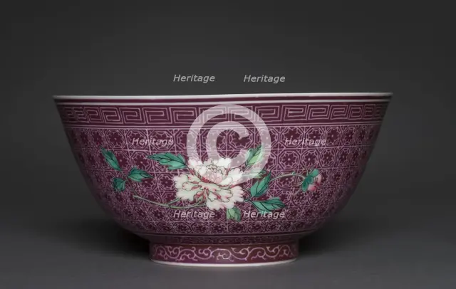 Pair of Bowls with Peony Sprays on Diaper Ground (exterior); Chrysanthemum Sprays (int), 1736-1795. Creator: Unknown.