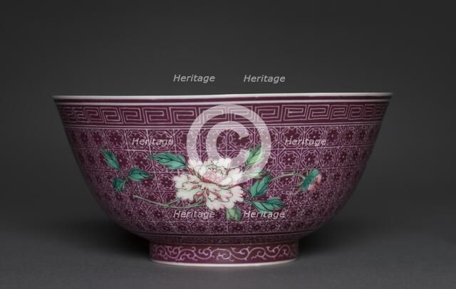 Pair of Bowls with Peony Sprays on Diaper Ground (exterior); Chrysanthemum Sprays (int), 1736-1795. Creator: Unknown.