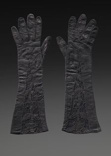 Pair of black leather gloves from Mae's Millinery Shop, 1941-1994. Creator: Unknown