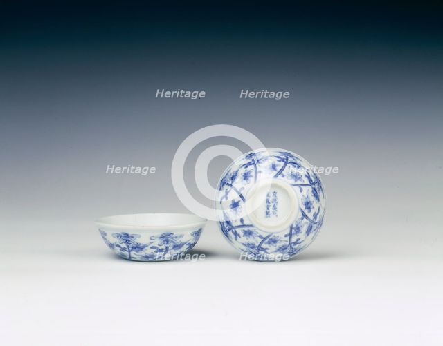 Pair of blue and white dated bowls, China, early 20th century. Creator: Unknown.