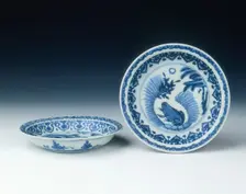 Pair of blue and white saucers with frogs, Ming dynasty, China, 1560-1580. Creator: Unknown