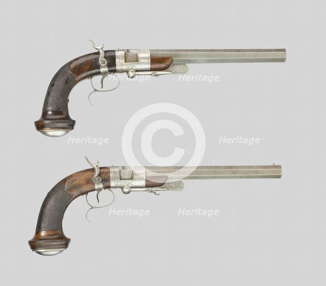 Pair of Breechloading Percussion Rifled Dueling Pistols, Paris, c. 1850. Creator: Beatus Beringer.