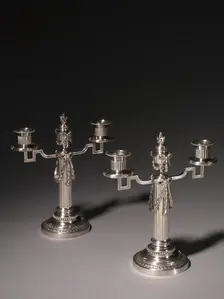 Pair of Candelabra, 1887-1890. Creator: House of Fabergé (Russian, 1842-1918); Julius Alexandrovitch Rappoport (Russian, 1916)