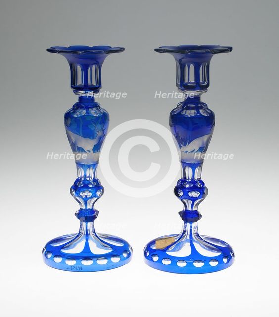Pair of Candlesticks, Bohemia, 1850/75. Creator: Bohemia Glass.