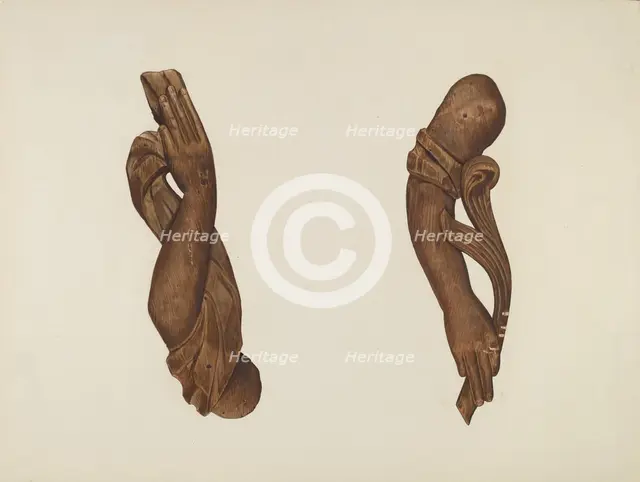 Pair of Carved Wooden Arms, c. 1937. Creator: John Davis.