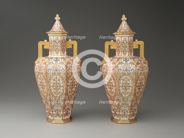 Pair of Covered Vases, England, c. 1885. Creator: Crown Derby.