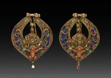 Pair of Deity Earrings with Vishnu on Garuda (front) and chepu (monster mask) (back), 1600s or 1700s Creator: Unknown