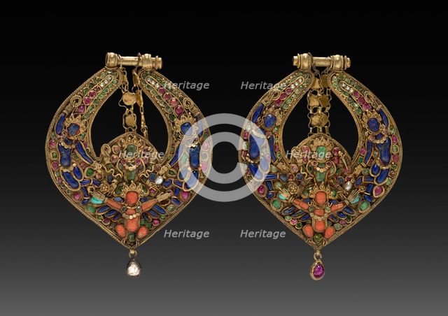 Pair of Deity Earrings with Vishnu on Garuda (front) and chepu (monster mask) (back), 1600s or 1700s Creator: Unknown.