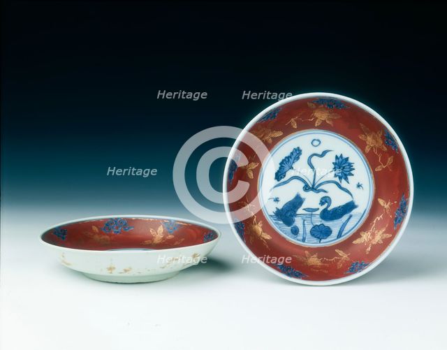 Pair of dishes with ducks, Ming dynasty, China, 1550-1599. Creator: Unknown.