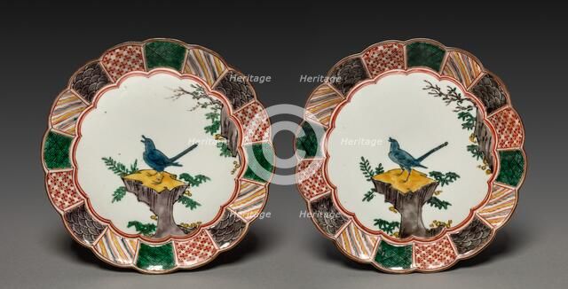 Pair of Dishes with Singing Bird on a Rock: In Ko Kutani Style, 18th century. Creator: Unknown.
