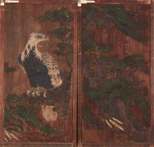 Pair of doors with eagle on a pinetree on one side..., Momoyama period, (17th century?). Creator: Unknown