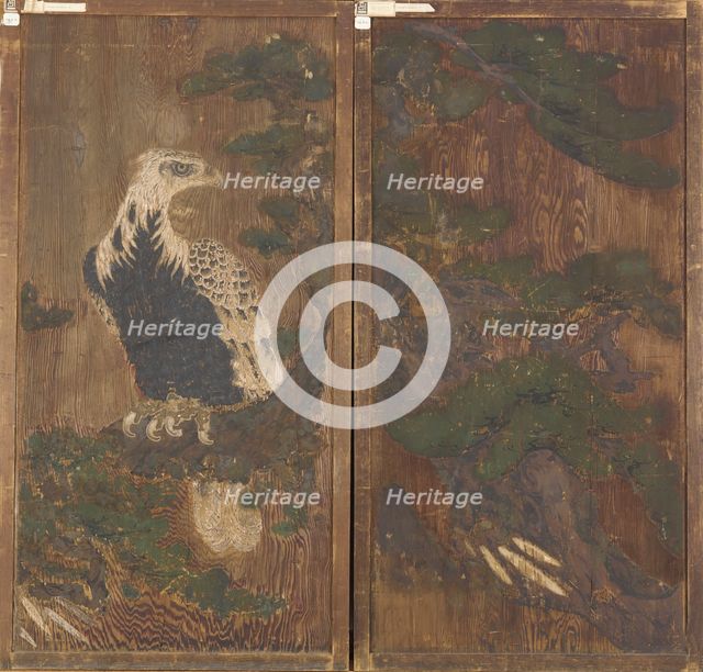 Pair of doors with eagle on a pinetree on one side..., Momoyama period, (17th century?). Creator: Unknown.