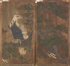 Pair of doors with eagle on a pinetree on one side..., Momoyama period, (17th century?). Creator: Unknown