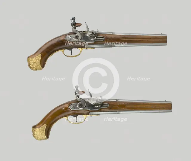 Pair of Double-Barrel Flintlock Pistols, Saxony, c. 1730. Creator: Unknown.