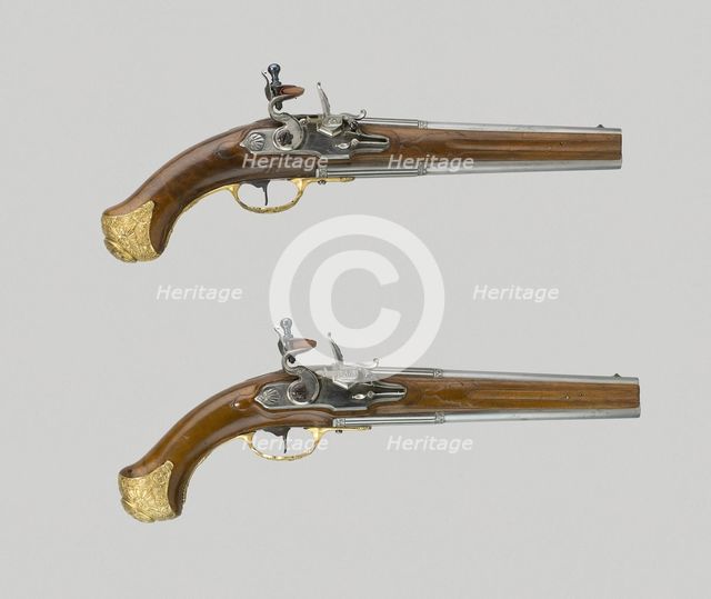 Pair of Double-Barrel Flintlock Pistols, Saxony, c. 1730. Creator: Unknown.