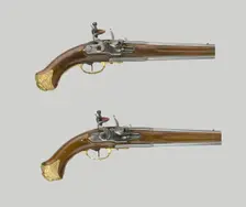 Pair of Double-Barrel Flintlock Pistols, Saxony, c. 1730. Creator: Unknown