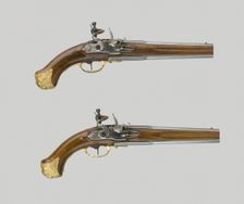 Pair of Double-Barrel Flintlock Pistols, Saxony, c. 1730. Creator: Unknown
