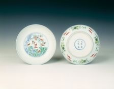 Pair of doucai saucers with bats and peach tree, Qing dynasty, Yongzheng period, 1723-1735
