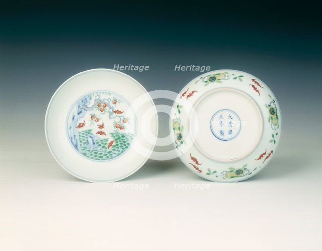 Pair of doucai saucers with bats and peach tree, Qing dynasty, Yongzheng period, 1723-1735. Artist: Unknown
