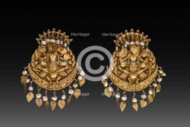 Pair of Earrings with Four-Armed Vishnu Riding Garuda with Nagas (serpent divinities), 1600s or 1700 Creator: Unknown.