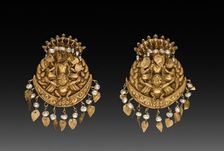 Pair of Earrings with Four-Armed Vishnu Riding Garuda with Nagas (serpent divinities), 1600s or 1700 Creator: Unknown